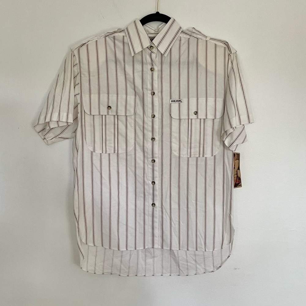 NWT Vintage safari or camp style button up shirt white with brown stripes small